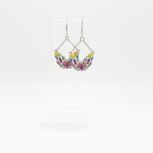 Crystal Multicolor Silver Plated Butterfly Dangle Drop Earrings - Picture 3 of 4